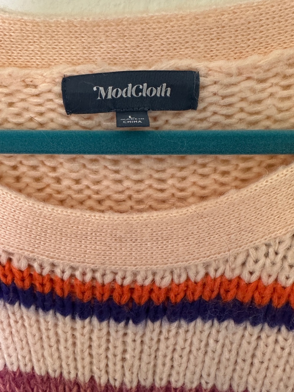 ModCloth Peach Striped Crewneck Sweater with Orange and Purple Accents
